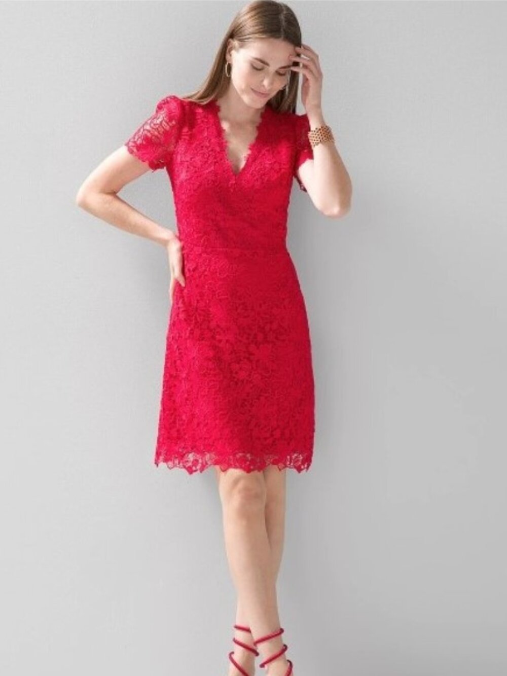 NWT White House Black Market Short Sleeve V Neck Lace Little Red Dress Size 2